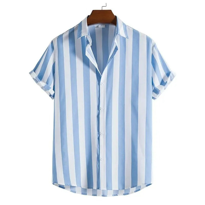 Camisa Masculina Listrada Oversized Gola Lapela Manga Curta Venezia