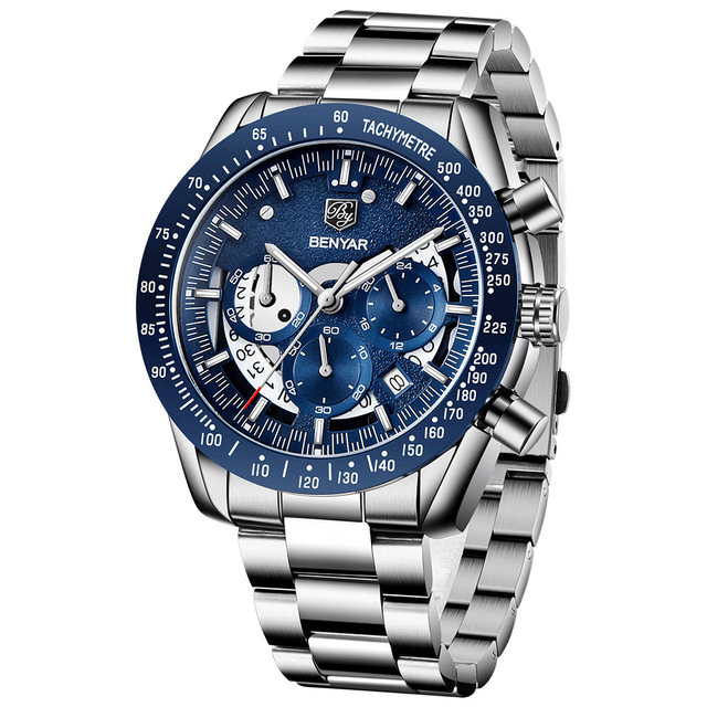 Relógio Masculino Aço Inoxidável Quartzo Lucerna – cor Aço / Prata / Azul