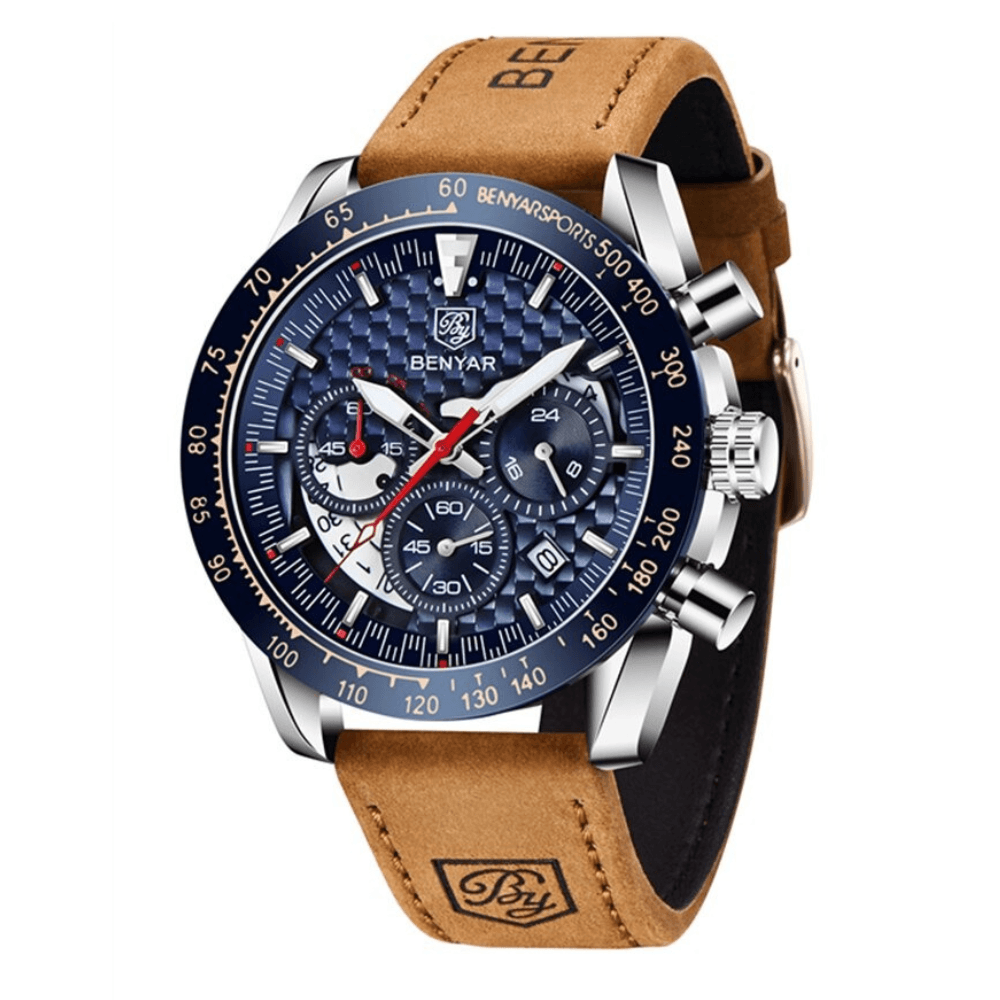 Relógio Masculino Cronógrafo Aço Inoxidável Quartzo Helios – cor Prata / Azul / Couro
