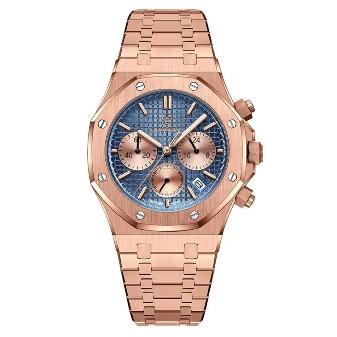 Relógio Masculino Aço Inoxidável Quartzo 5 ATM Farnese – cor Ouro Rosa / Azul