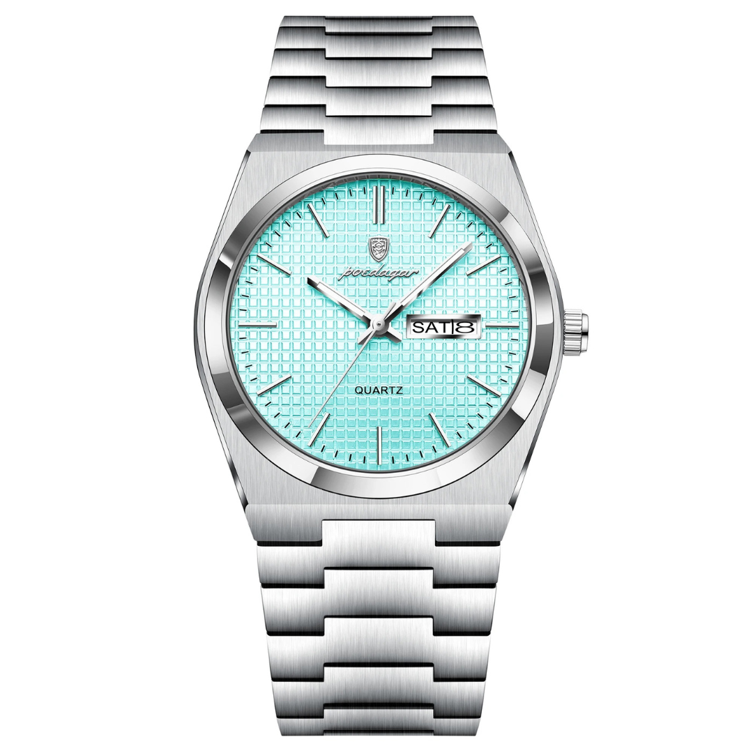 Relógio Masculino Aço Inoxidável Quartzo Rilievo – cor Azul Menta