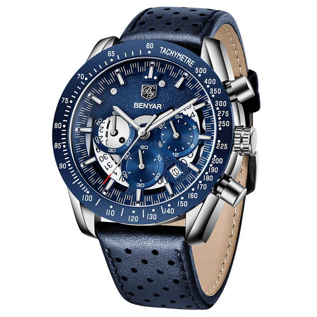 Relógio Masculino Aço Inoxidável Quartzo Lucerna – cor Couro / Azul / Azul