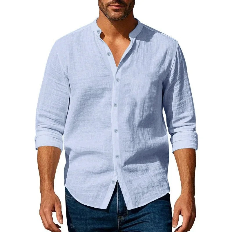 Camisa de linho de algodão para homens henley pescoço cor sólida leve respirável fino ajuste único breasted camisa manga longa botão acima