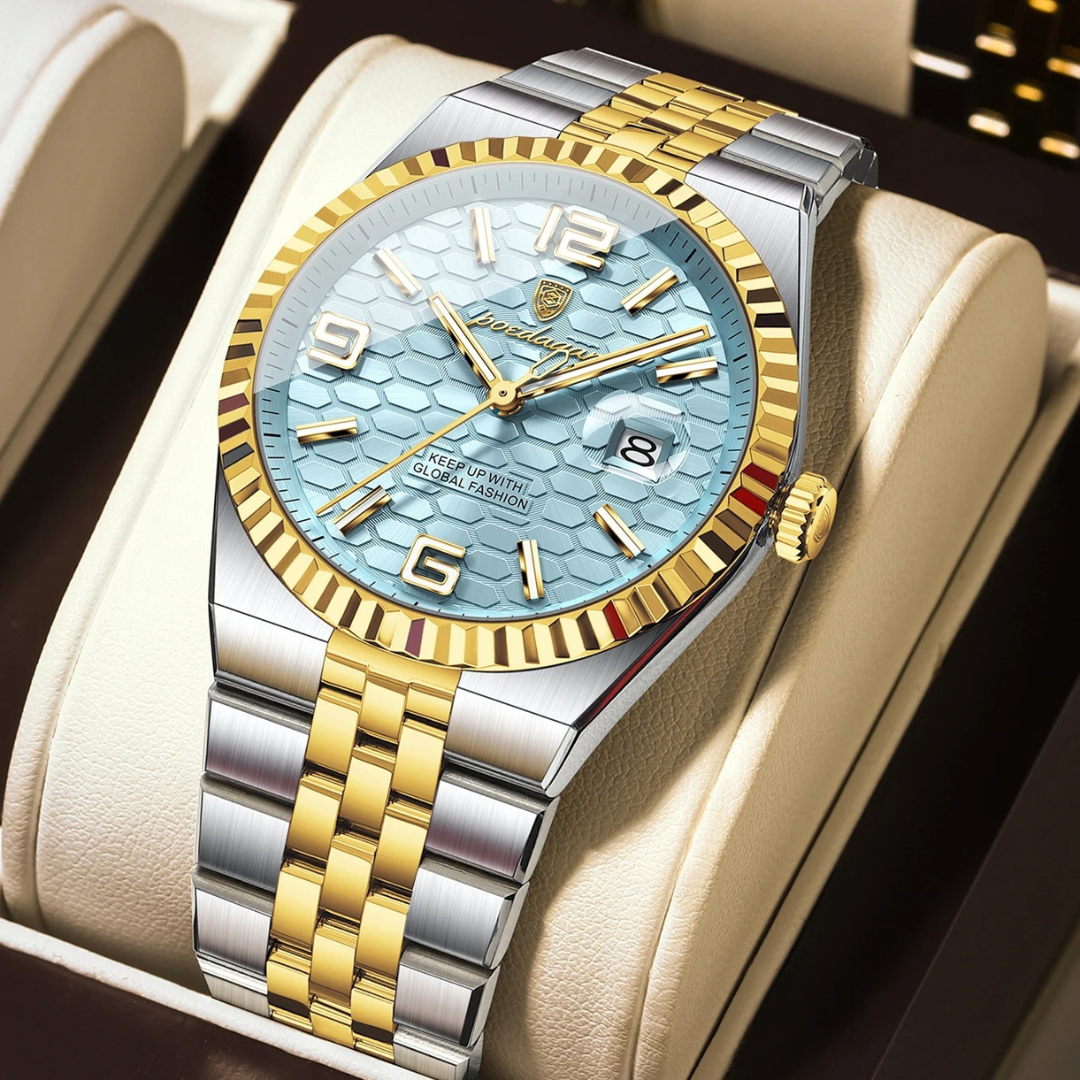Relógio Masculino Aço Inoxidável Quartzo Cristallo – cor Azul Tiffany / Dourado