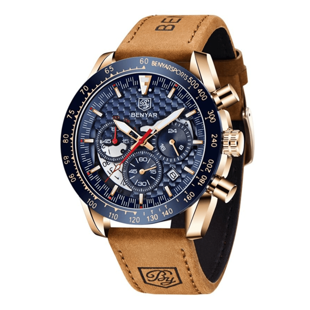 Relógio Masculino Cronógrafo Aço Inoxidável Quartzo Helios – cor Dourado / Azul / Couro