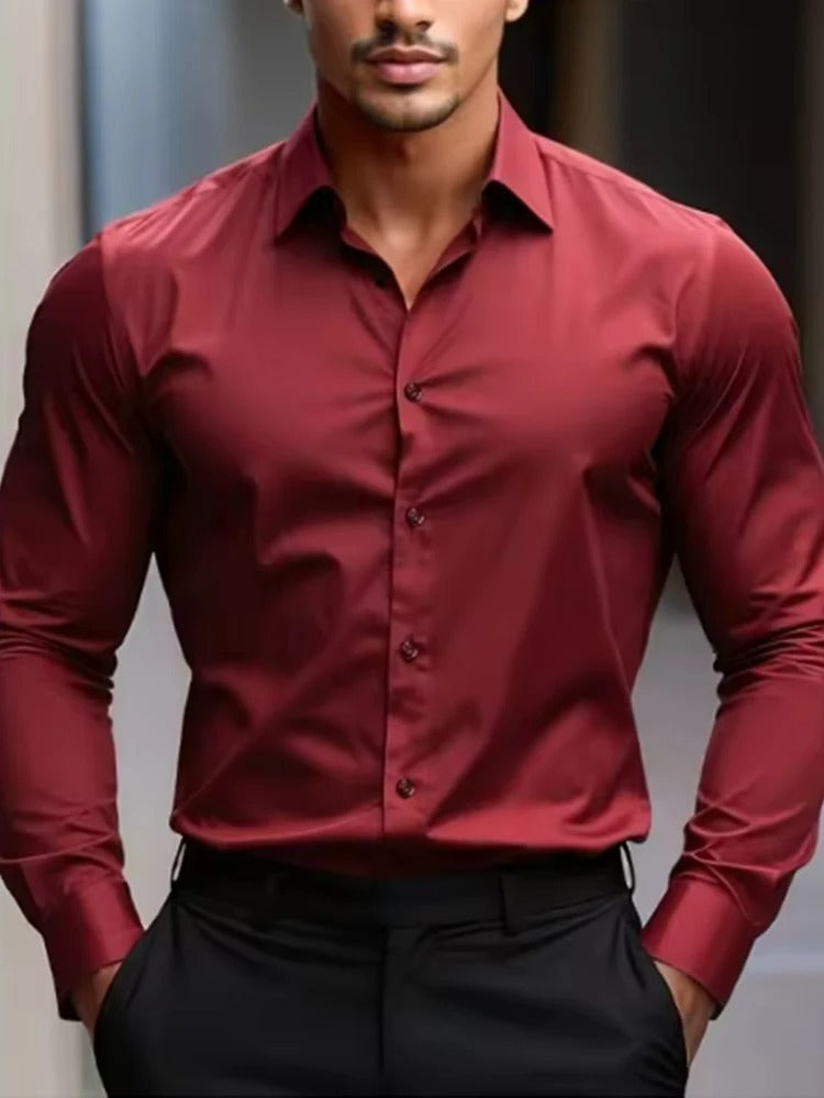 Camisa social masculina branca sem necessidade de passar, casual para negócios, slim fit, camisa preta slim, cor sólida, moderna e de alta qualidade.