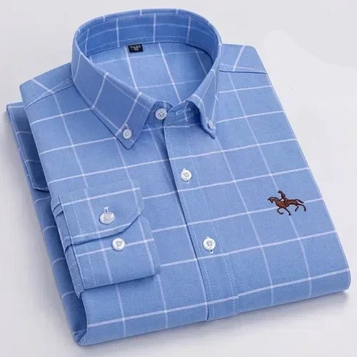 Camisa Masculina 100% Algodão Oxford Com Bordado Manga Longa Bologna