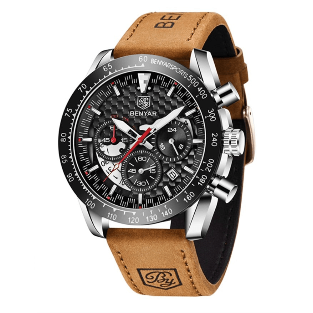 Relógio Masculino Cronógrafo Aço Inoxidável Quartzo Helios – cor Prata / Preto / Couro