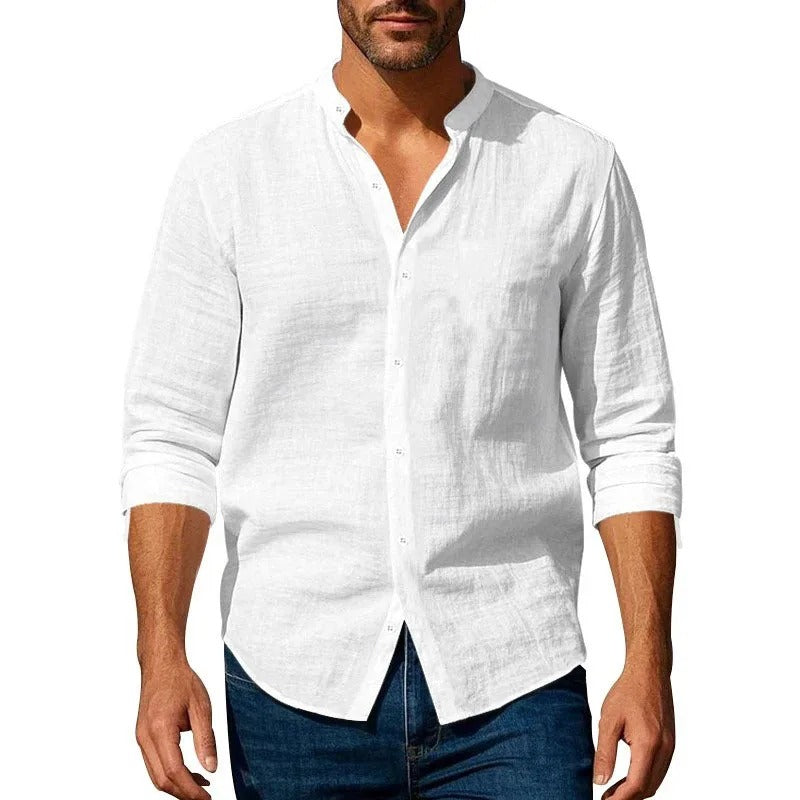 Camisa de linho de algodão para homens henley pescoço cor sólida leve respirável fino ajuste único breasted camisa manga longa botão acima