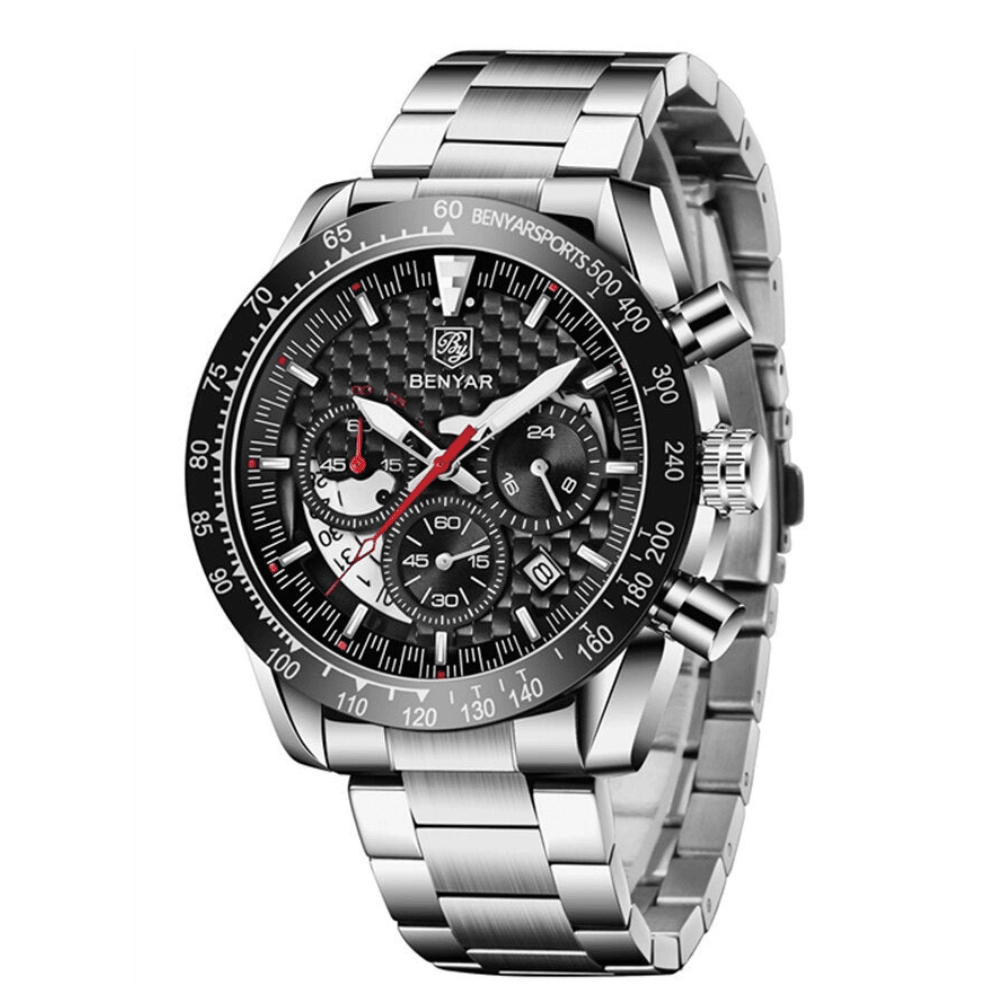 Relógio Masculino Cronógrafo Aço Inoxidável Quartzo Helios – cor Prata / Preto / Aço