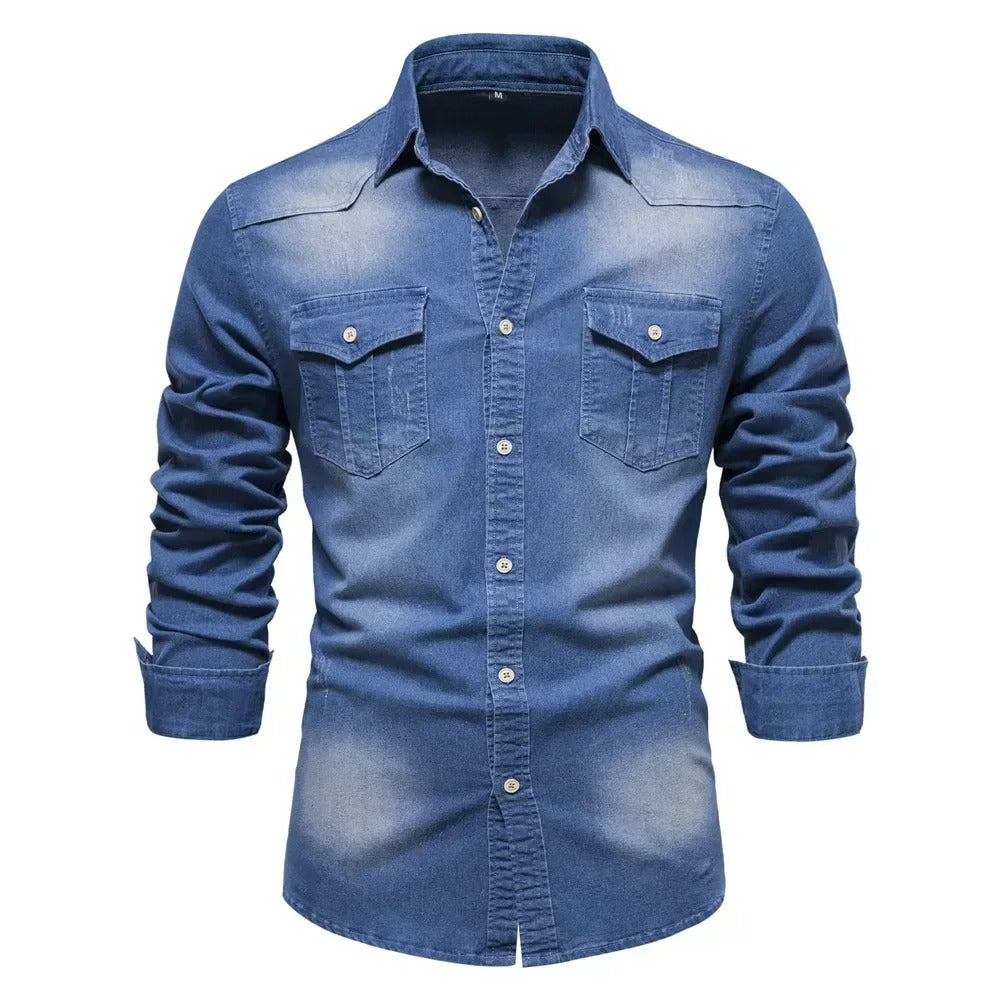 Camisa Masculina Jeans Denim Slim Fit Manga Longa Brescia