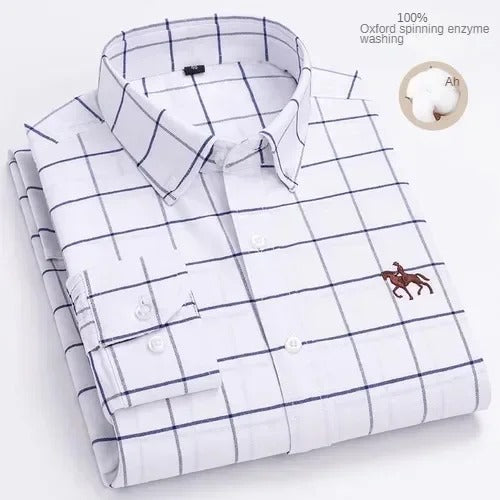 Camisa masculina de manga comprida 100% algodão puro negócios casual cor sólida bordada Oxford Spun Shirt