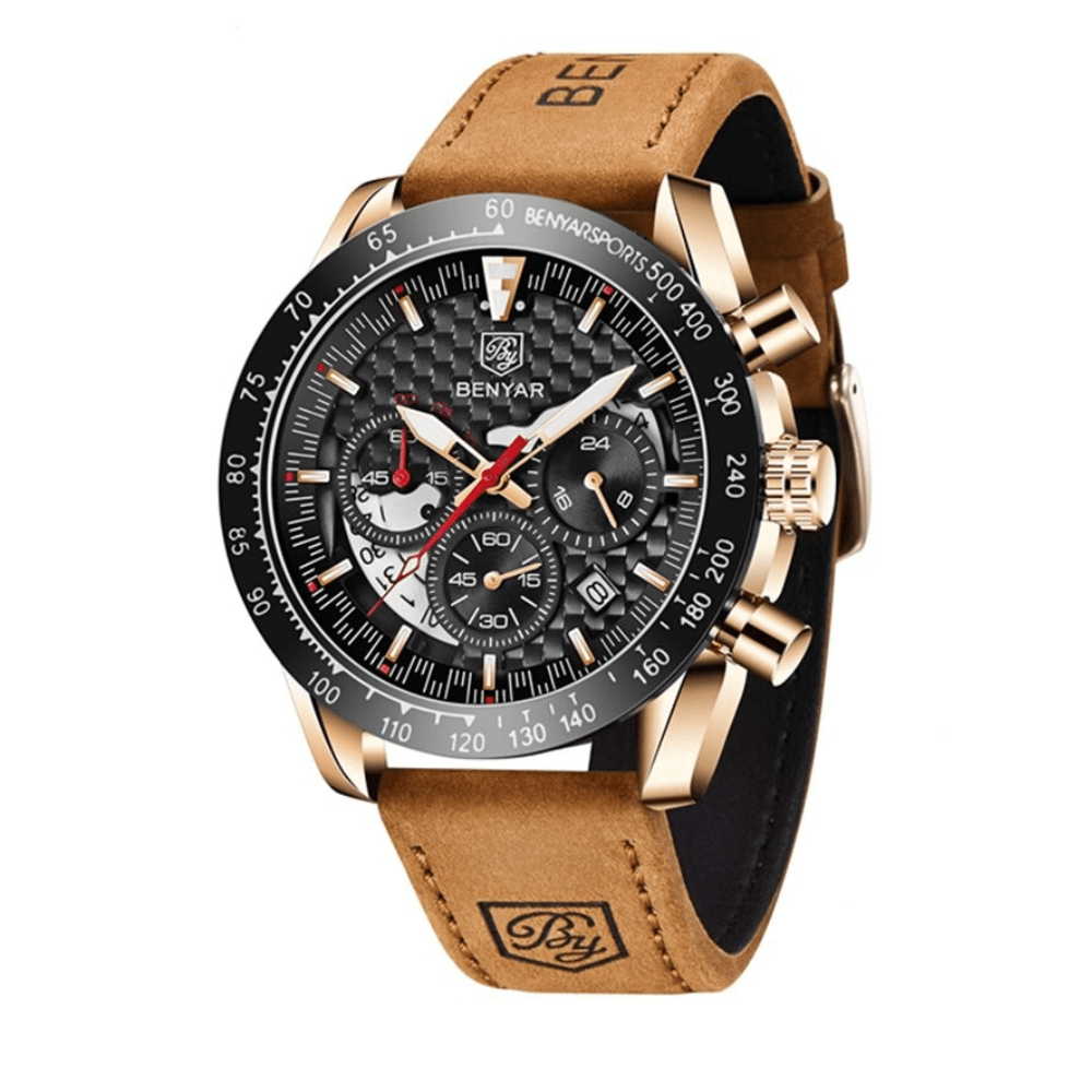 Relógio Masculino Cronógrafo Aço Inoxidável Quartzo Helios – cor Dourado / Preto / Couro