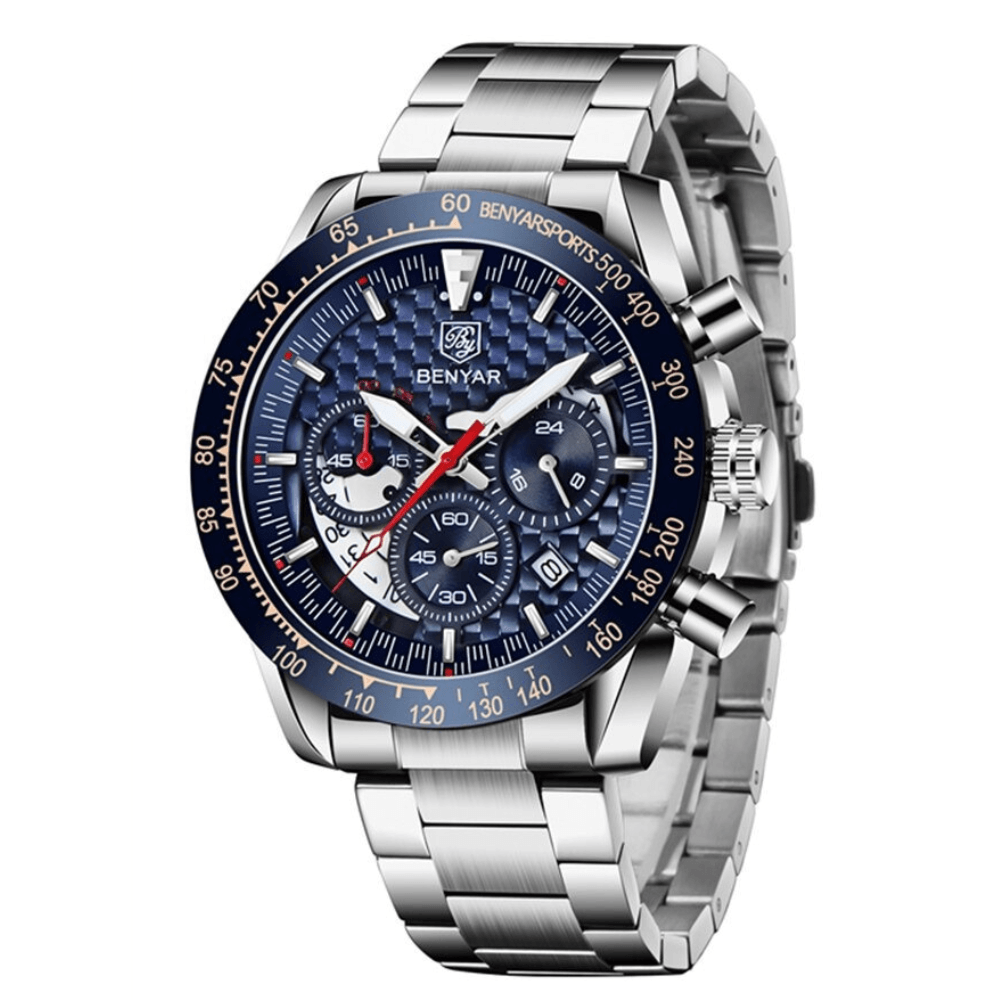 Relógio Masculino Cronógrafo Aço Inoxidável Quartzo Helios – cor Prata / Azul / Aço