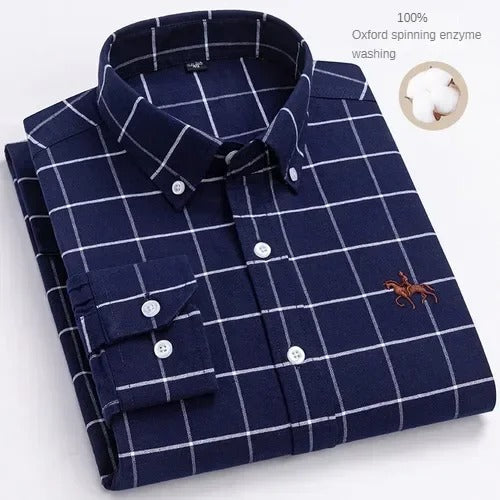 Camisa masculina de manga comprida 100% algodão puro negócios casual cor sólida bordada Oxford Spun Shirt
