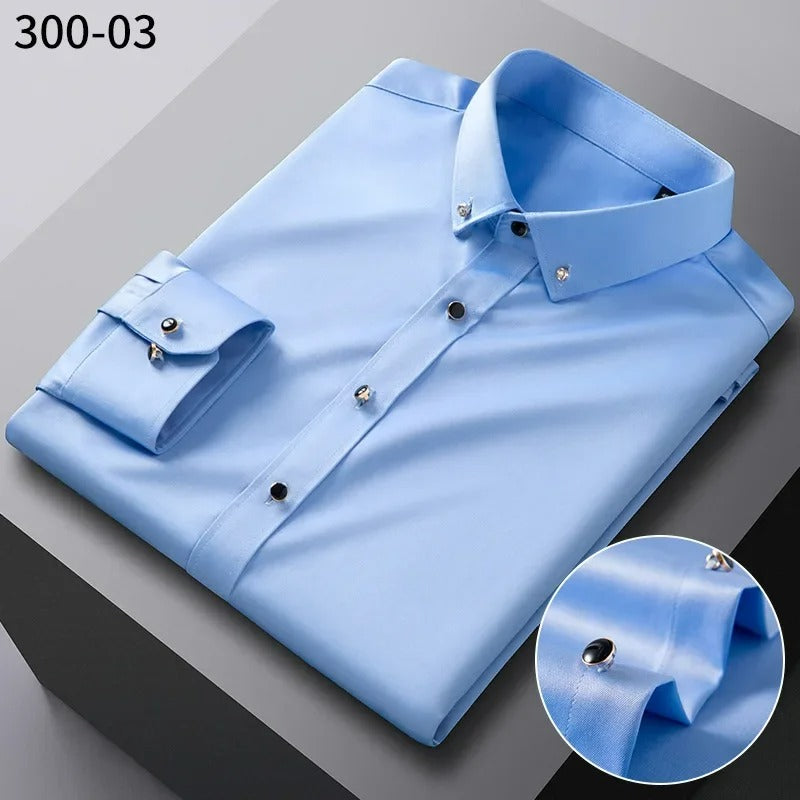 Men's Silk Shirts Long Sleeve Diamond Button New Stretch Silky Business Formal Social No Iron Anti Wrinkle Soft Fashion Clothes