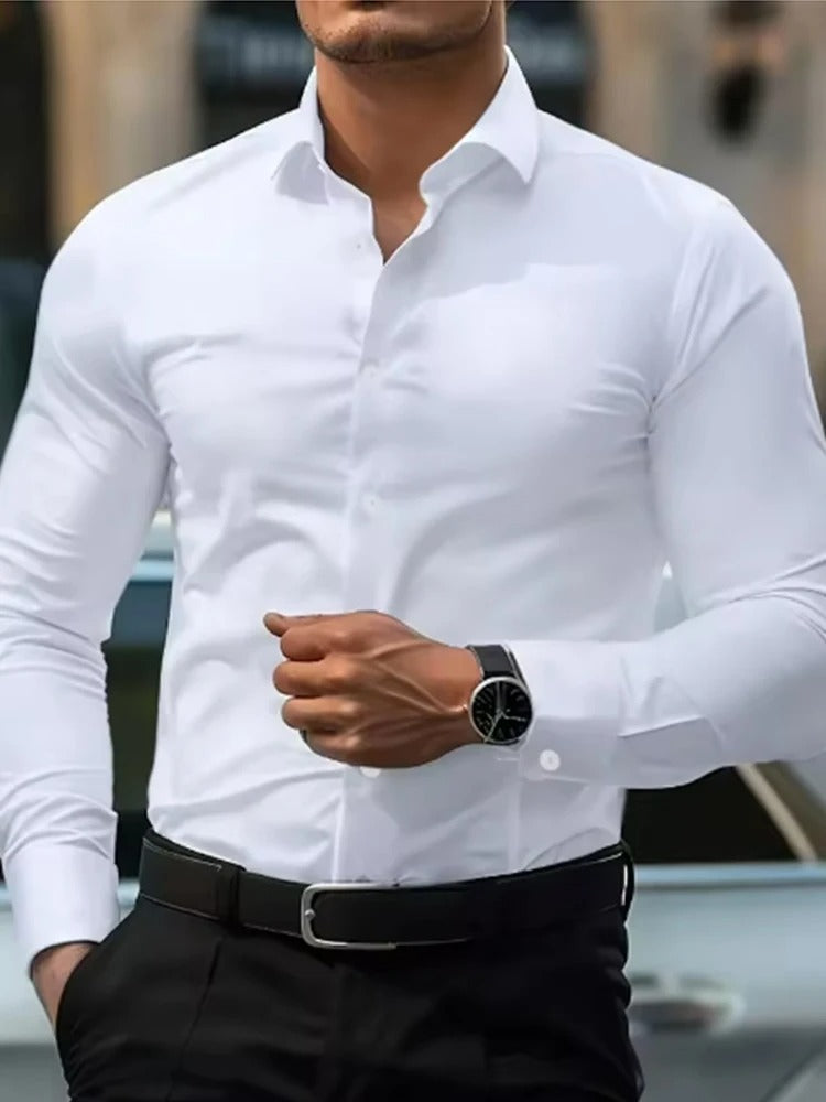Camisa social masculina branca sem necessidade de passar, casual para negócios, slim fit, camisa preta slim, cor sólida, moderna e de alta qualidade.