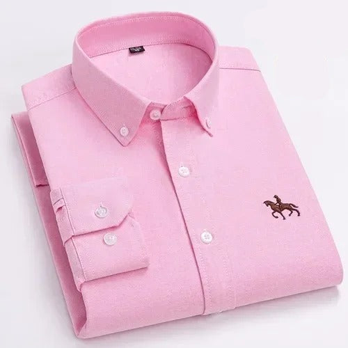 Camisa Masculina 100% Algodão Oxford Com Bordado Manga Longa Bologna