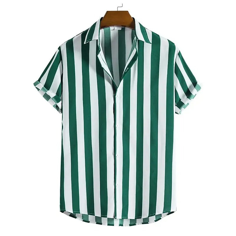Camisa Masculina Listrada Oversized Gola Lapela Manga Curta Venezia
