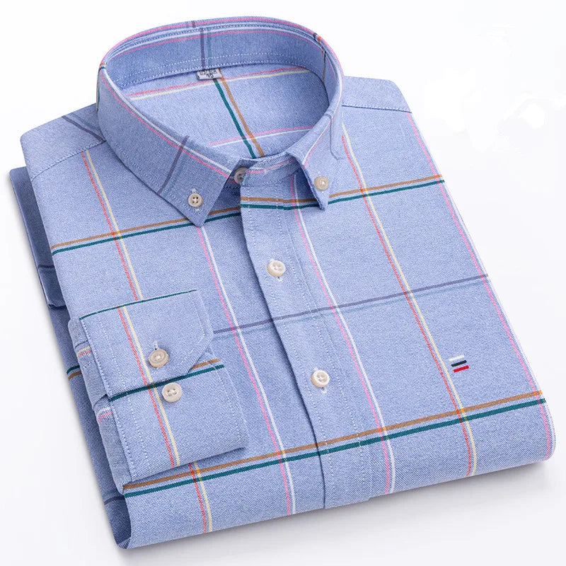 Camisa Masculina Xadrez Azul Manga Longa 100% Algodão Casual e Social