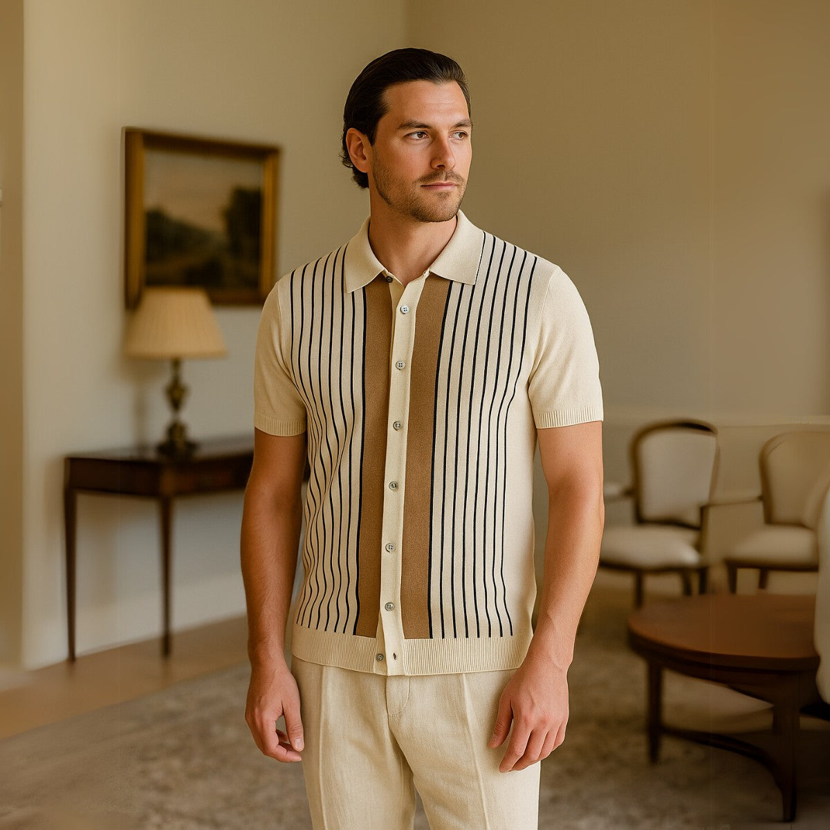 Polo de Tricô Listrada Estilo Old Money Masculina Caimento Ajustado