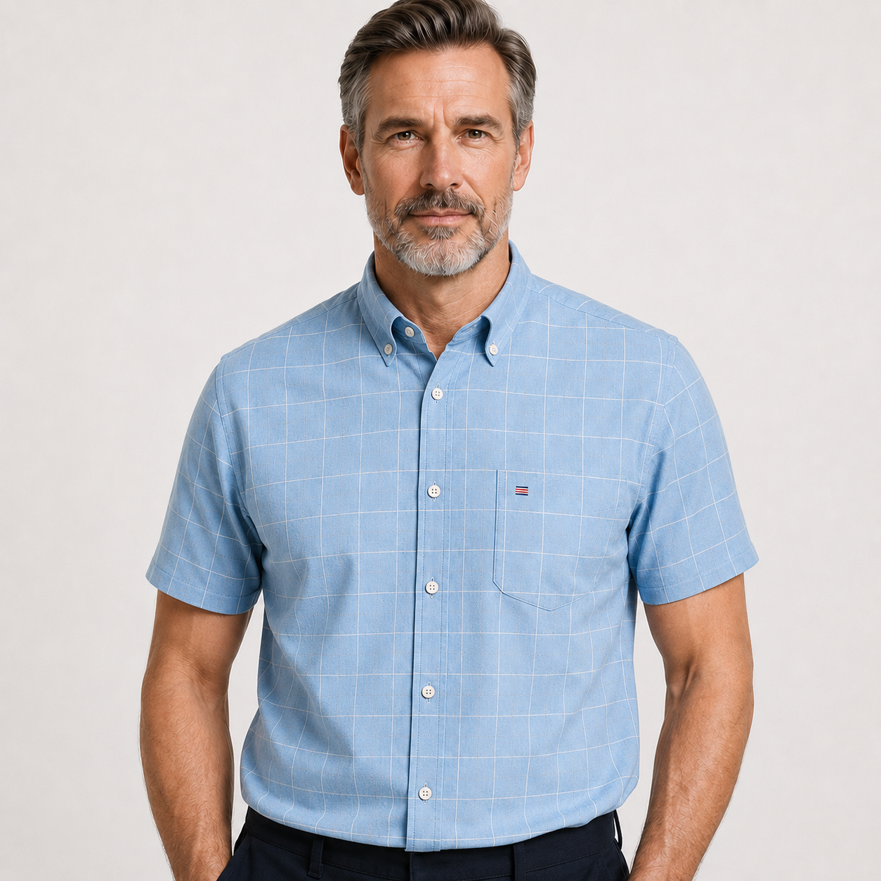 Camisa Masculina Xadrez Manga Curta 100% Algodão com Bolso e Botões