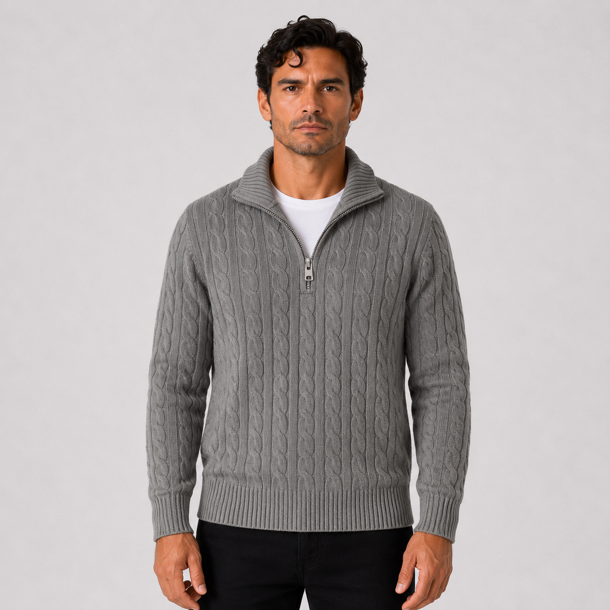 Suéter Masculino Tricô Trançado Gola Alta Com Meio Zíper Cortina