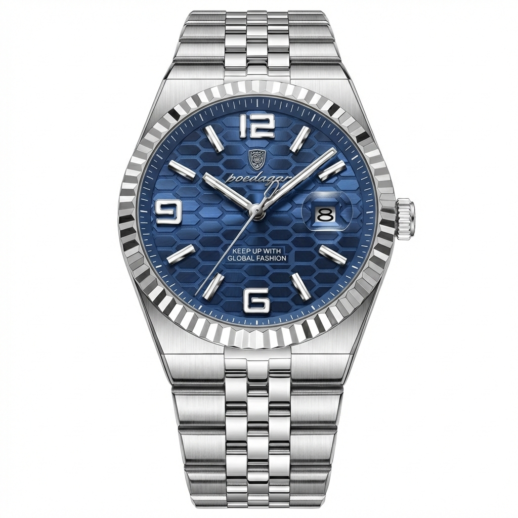 Relógio Masculino Aço Inoxidável Quartzo Cristallo – cor Prata / Azul