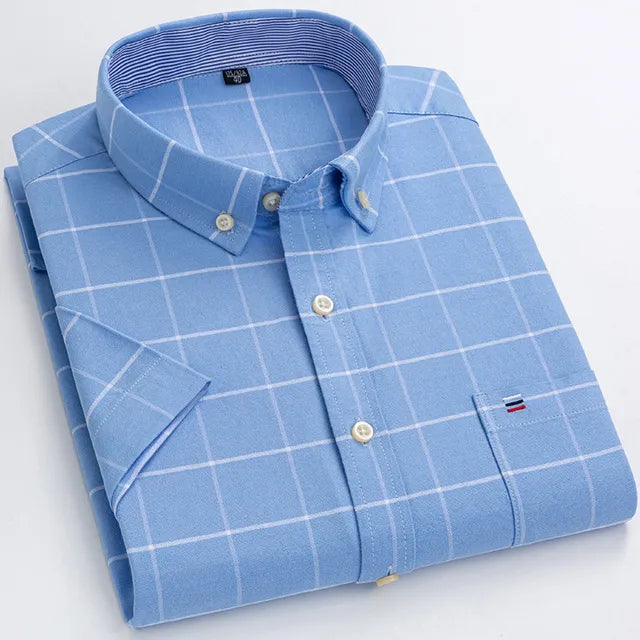 Camisa Masculina Xadrez Manga Curta 100% Algodão com Bolso e Botões