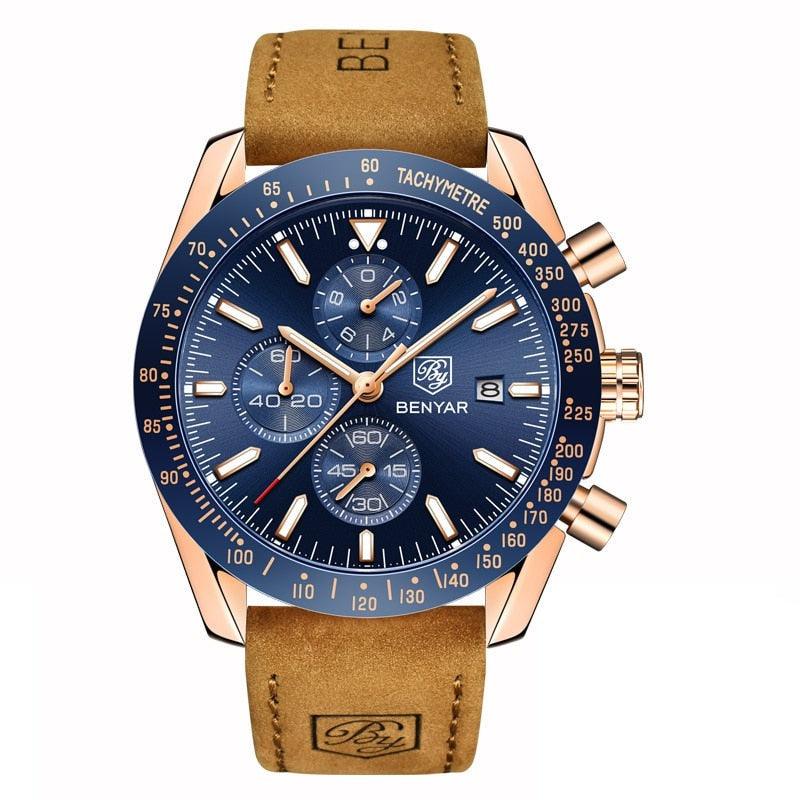 Relógio Masculino Cronógrafo Pulseira de Couro Quartzo Millennio – cor Dourado / Azul