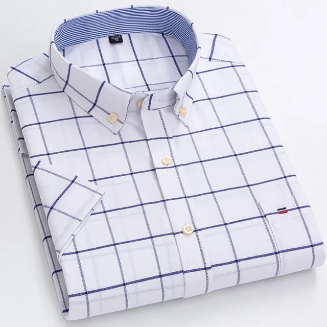 Camisa Masculina Xadrez Manga Curta 100% Algodão com Bolso e Botões