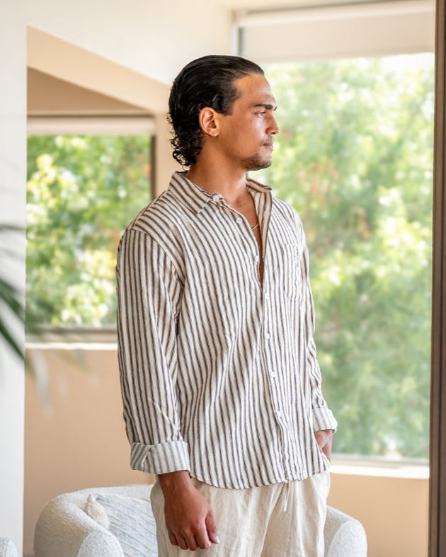Camisa Masculina Listrada Manga Longa Alfaiataria Lecce - vista 3
