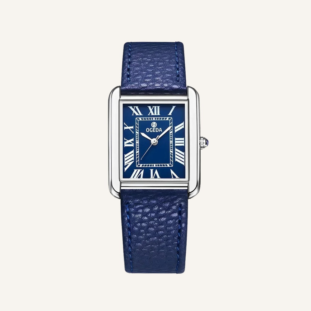 Relógio Masculino de Couro Retangular Azul Quartzo Elegante