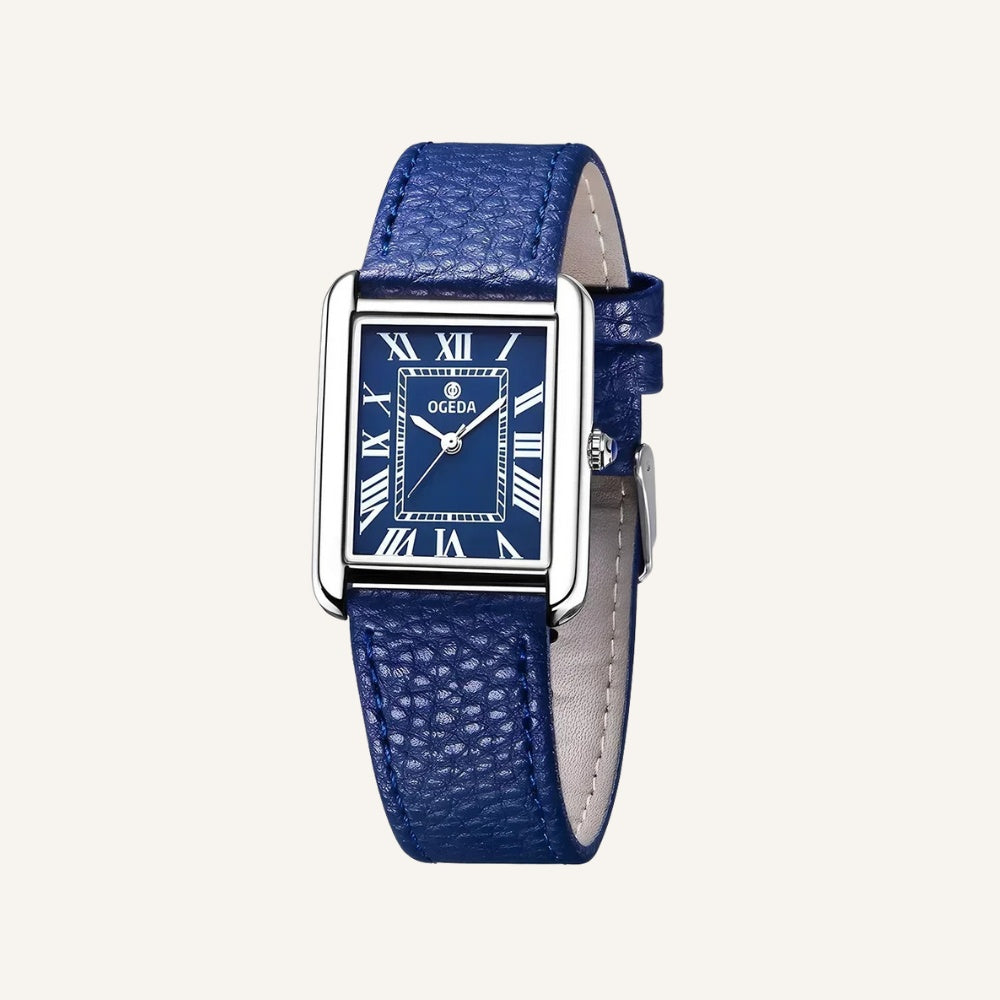 Relógio Masculino de Couro Retangular Azul Quartzo Elegante