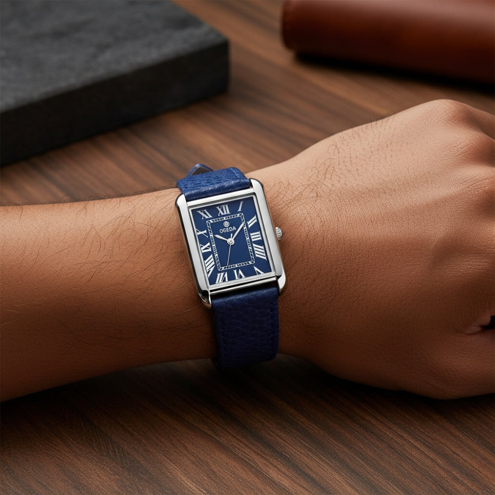 Relógio Masculino de Couro Retangular Azul Quartzo Elegante
