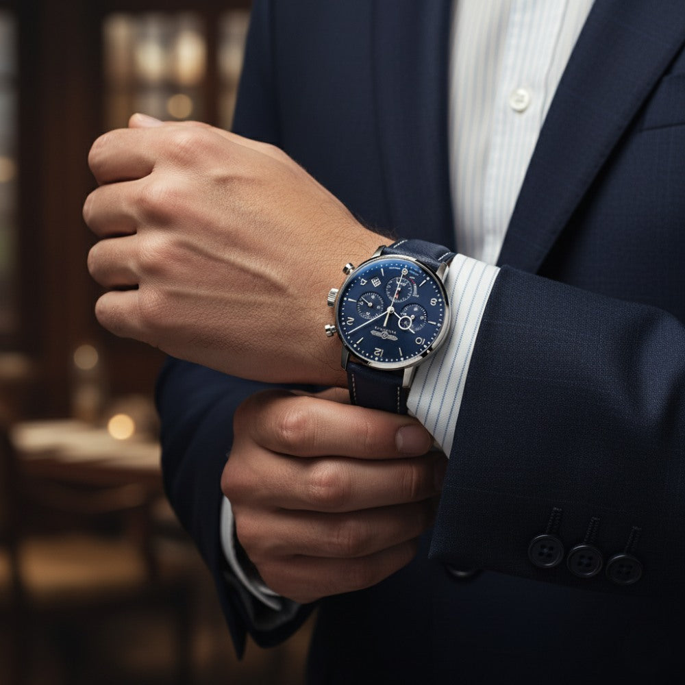 Relógio Masculino Zeppelin Azul 100 Anos Cronógrafo Quartzo Aço Inox