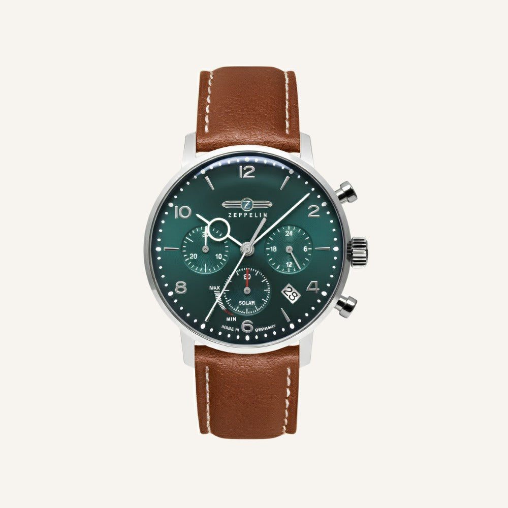 Relógio Masculino Zeppelin Verde Cronógrafo 41mm Couro e Aço