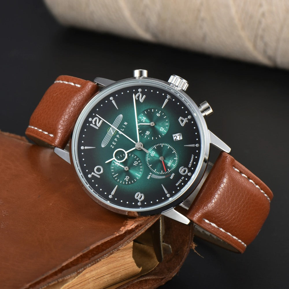 Relógio Masculino Zeppelin Verde Cronógrafo 41mm Couro e Aço