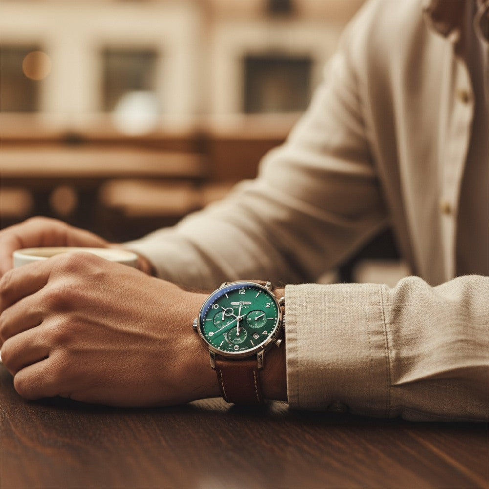 Relógio Masculino Zeppelin Verde Cronógrafo 41mm Couro e Aço