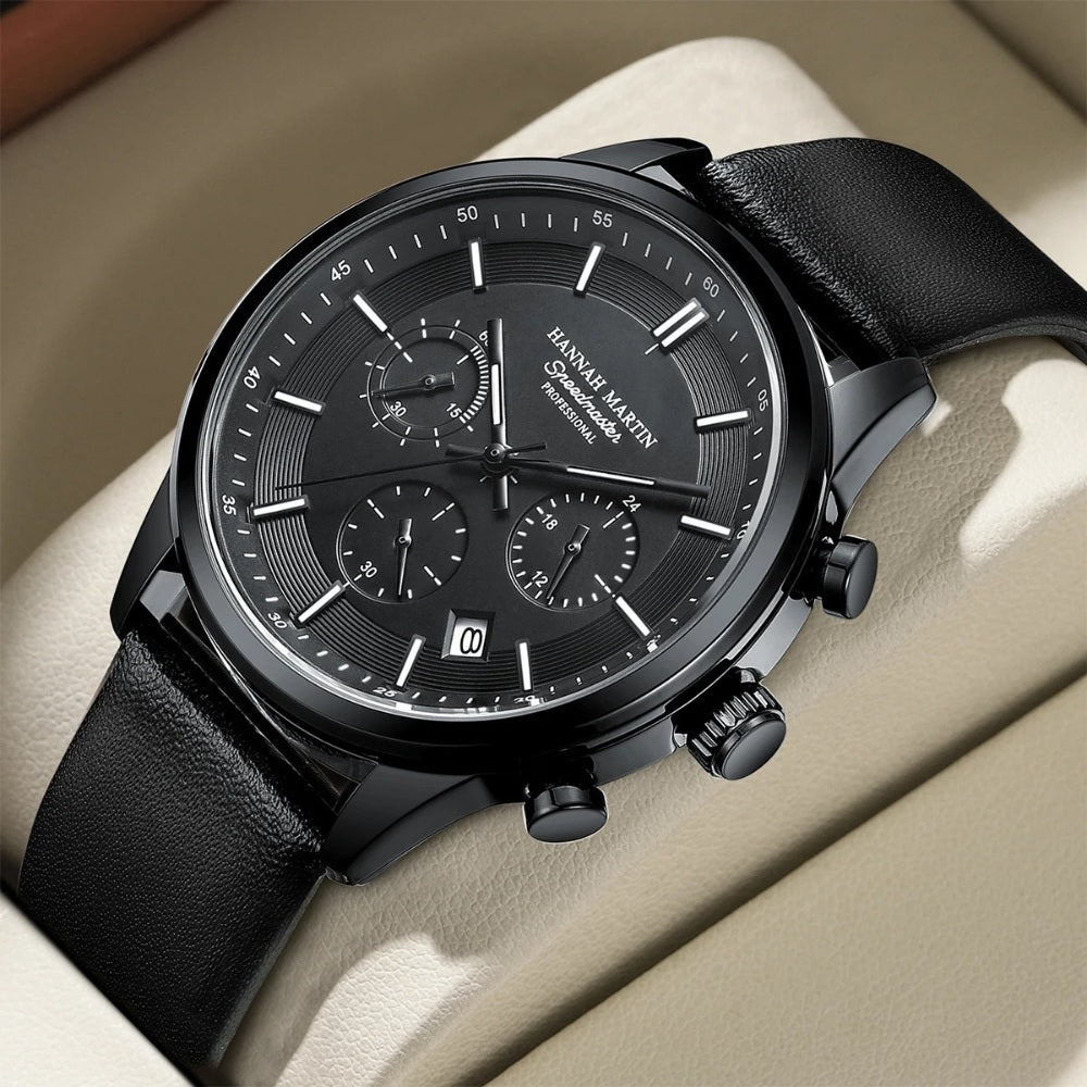 Relógio de Couro Masculino Preto Luxemiro Aço Inox 30m Premium