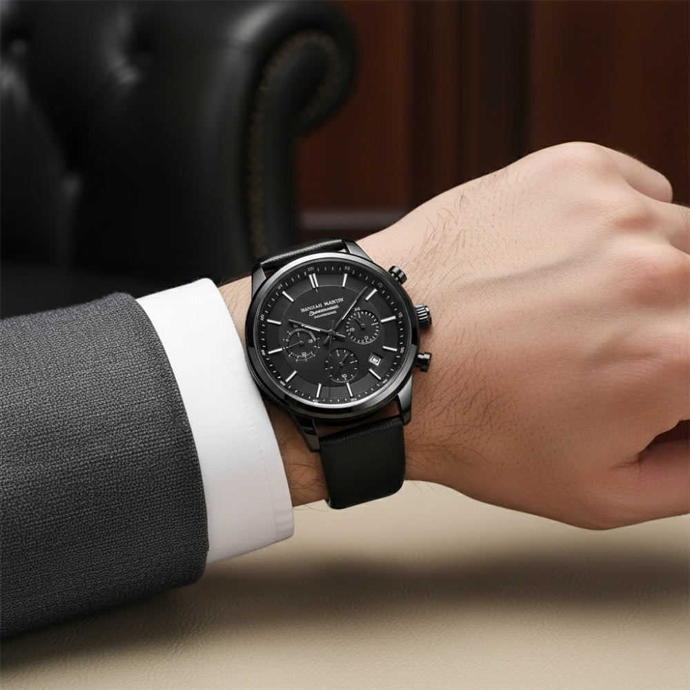 Relógio de Couro Masculino Preto Luxemiro Aço Inox 30m Premium