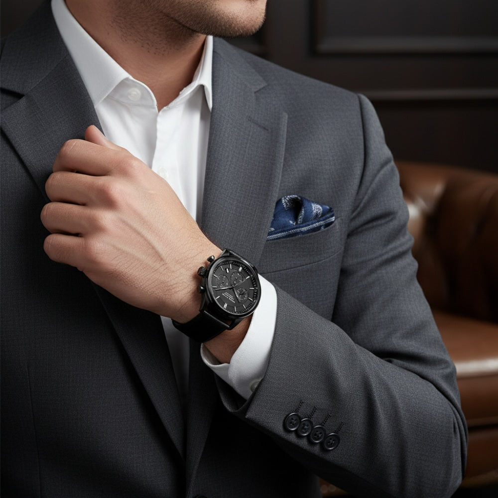 Relógio de Couro Masculino Preto Luxemiro Aço Inox 30m Premium