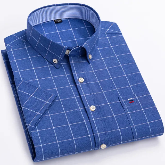 Camisa Masculina Xadrez Manga Curta 100% Algodão com Bolso e Botões