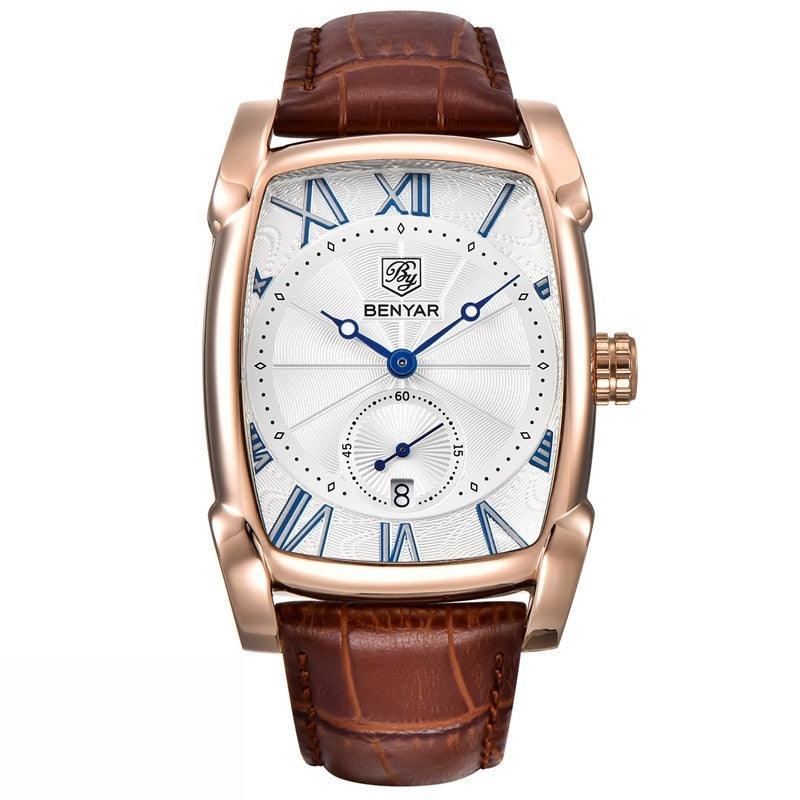 Relógio Masculino Pulseira de Couro Quartzo Zeus – cor Dourado / Branco