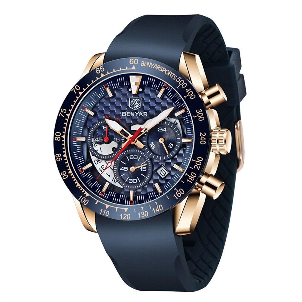 Relógio Masculino Cronógrafo Aço Inoxidável Quartzo Helios – cor Dourado / Azul / Borracha