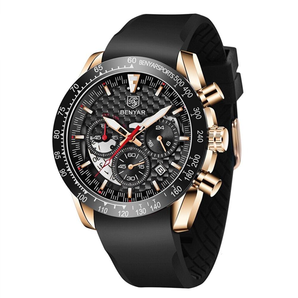 Relógio Masculino Cronógrafo Aço Inoxidável Quartzo Helios – cor Dourado / Preto / Borracha