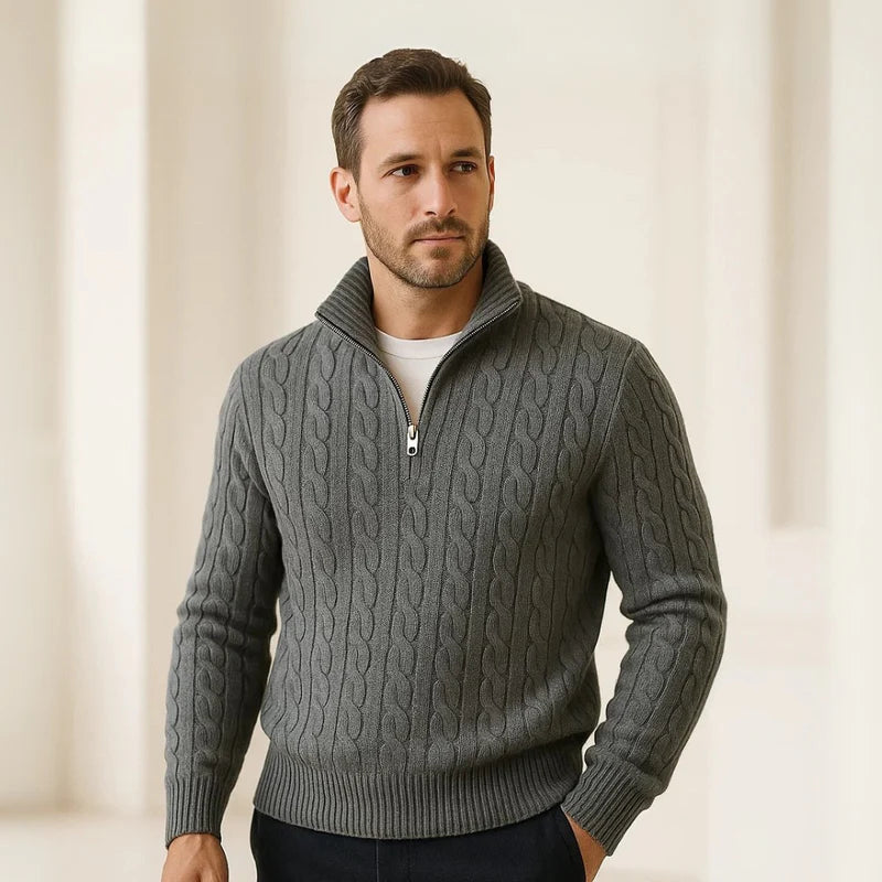 Suéter Masculino Tricô Trançado Gola Alta Com Meio Zíper Cortina