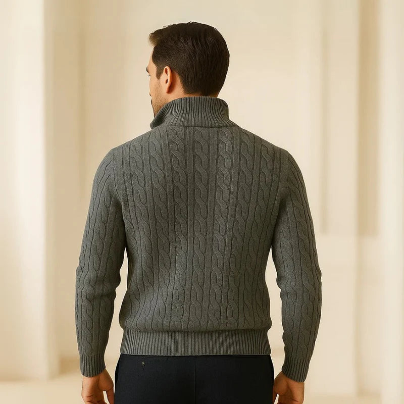 Suéter Masculino Tricô Trançado Gola Alta Com Meio Zíper Cortina