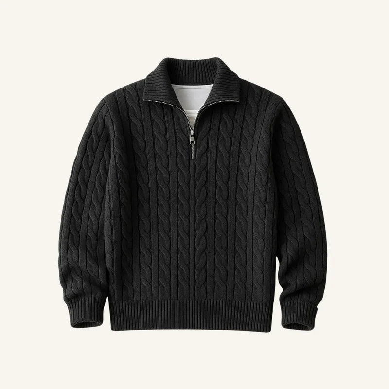 Suéter Masculino Tricô Trançado Gola Alta Com Meio Zíper Cortina