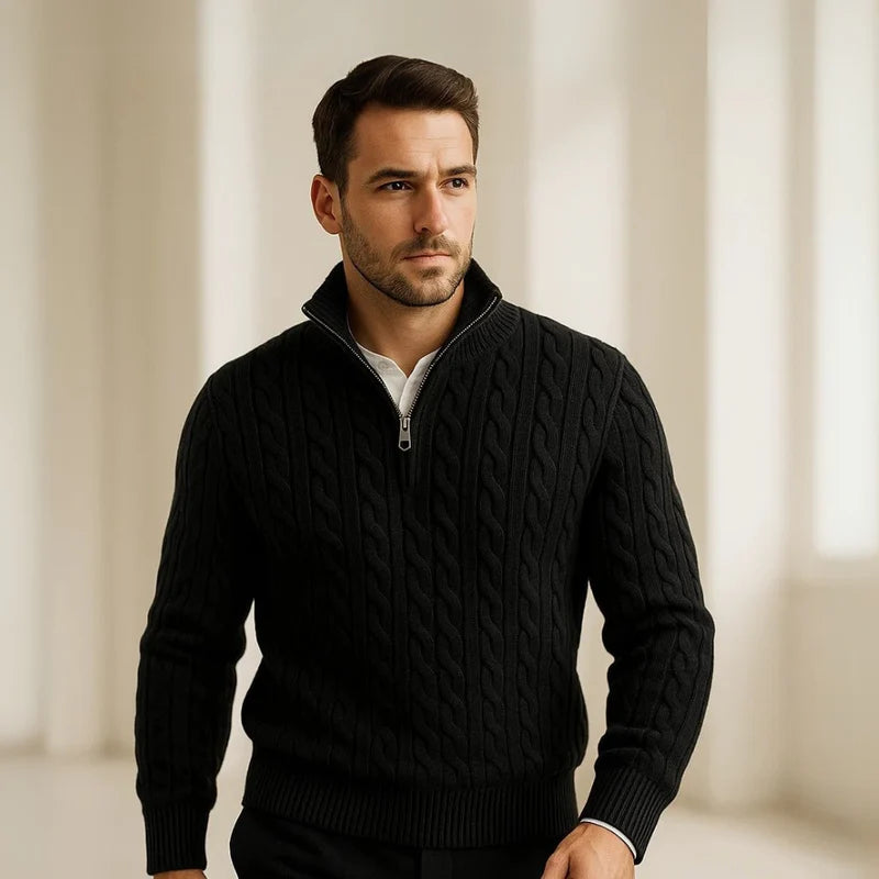 Suéter Masculino Tricô Trançado Gola Alta Com Meio Zíper Cortina